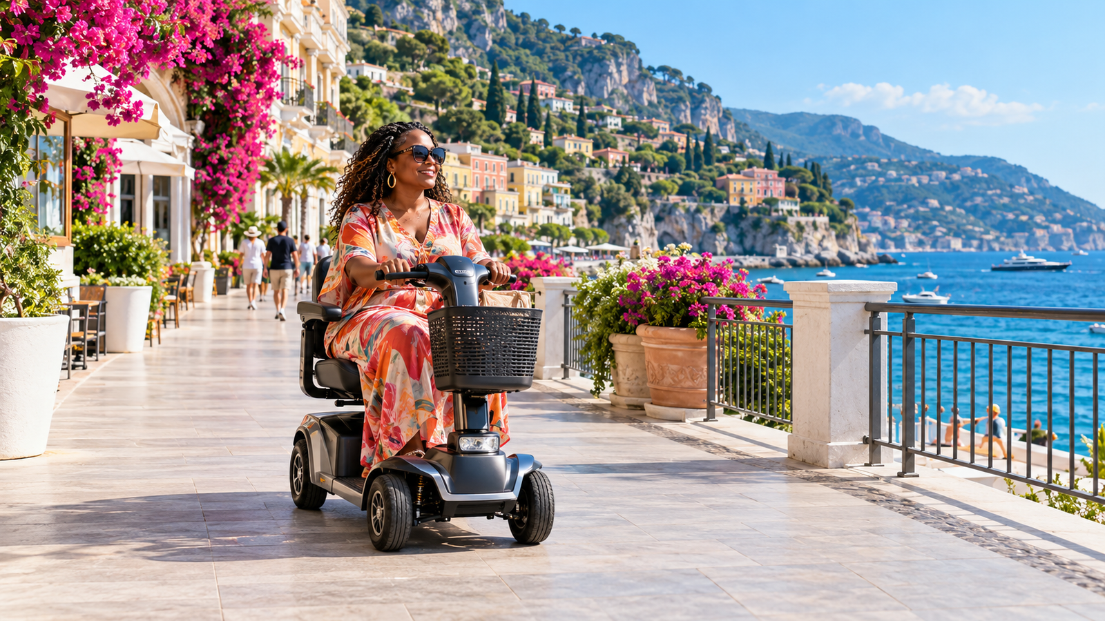 Woman using a mobility scooter on a level seaside promenade