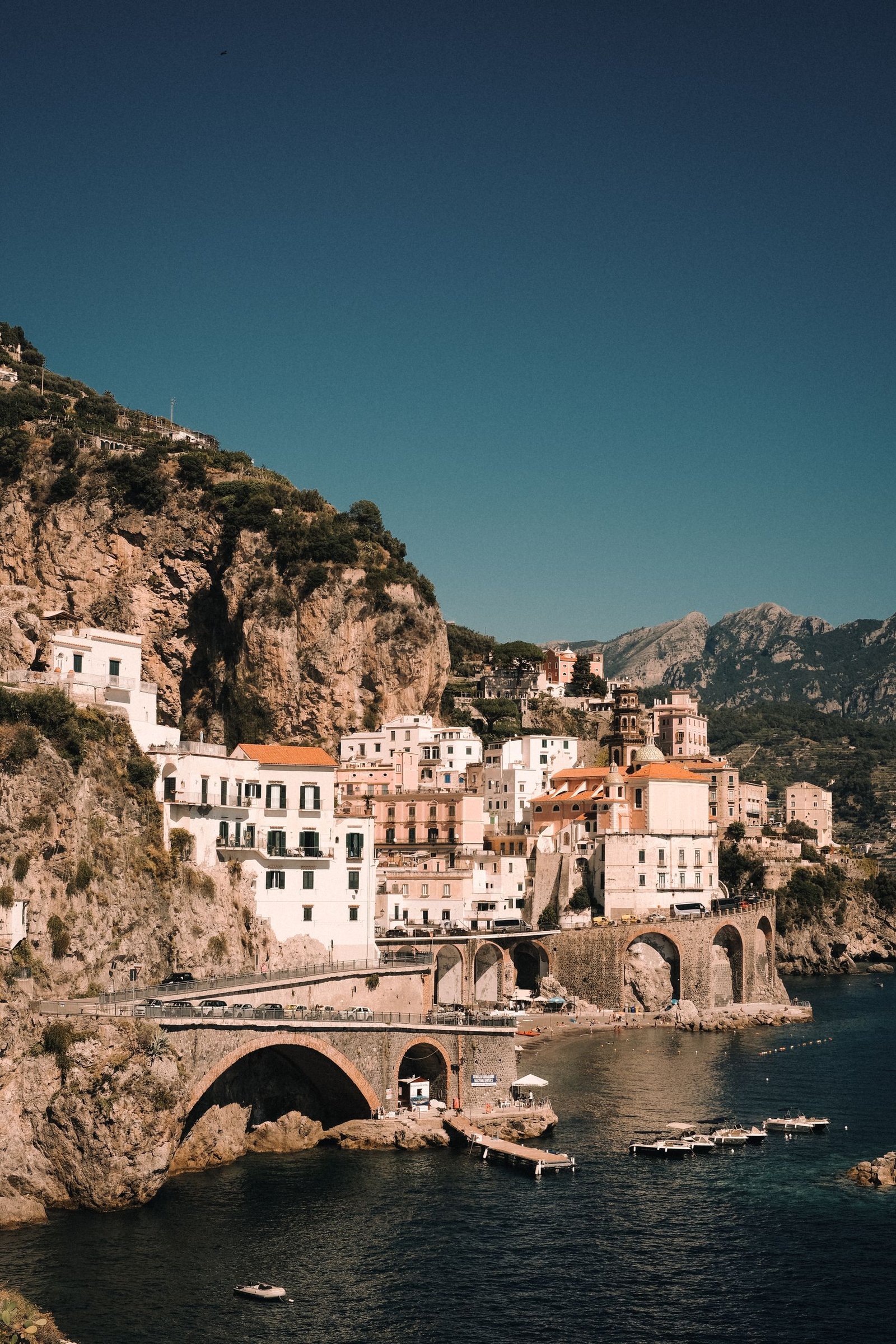 Aerial view of the Amalfi coast town on cliffs above the sea