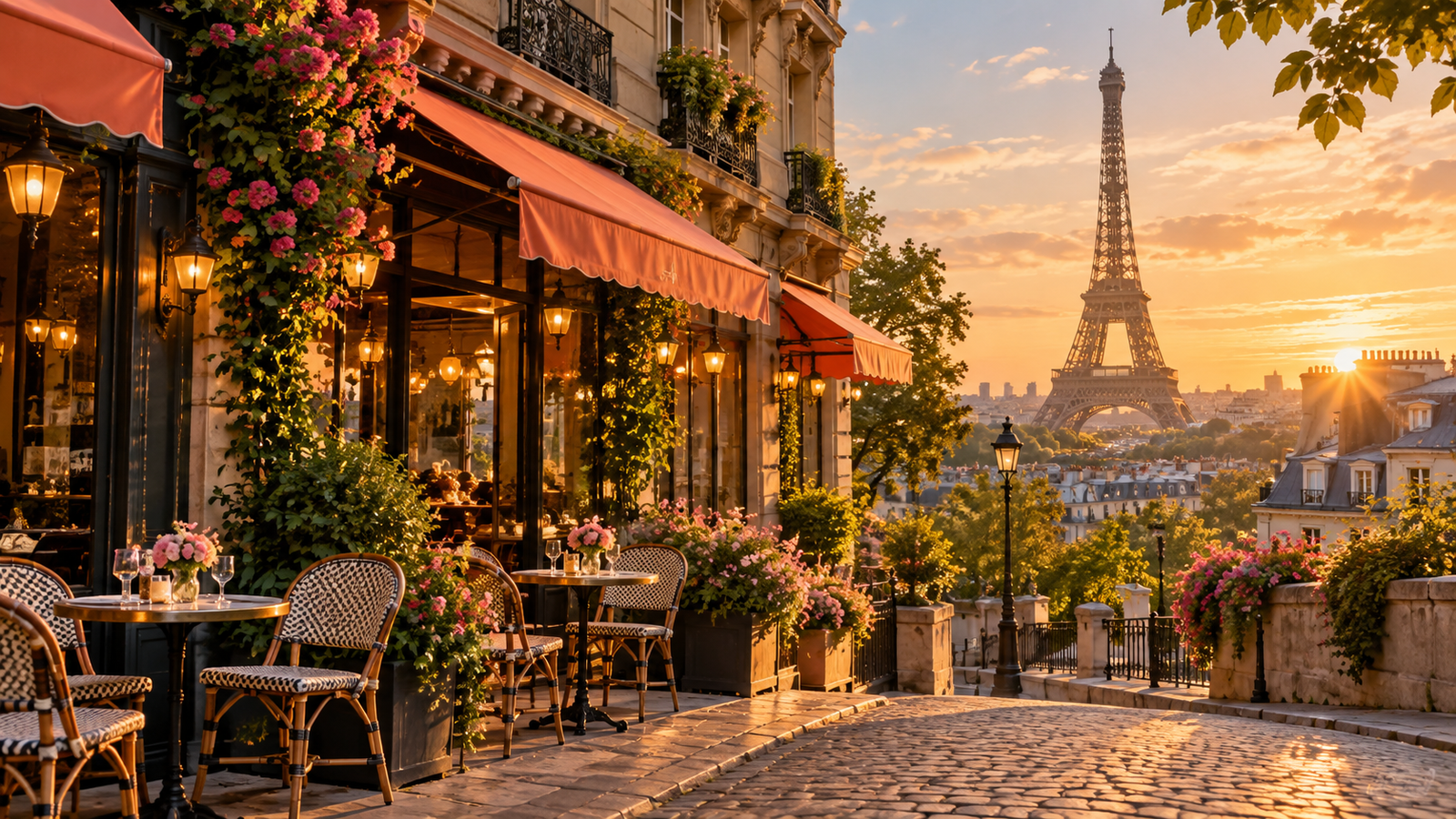 Illustrative Paris café and Eiffel Tower in warm evening light