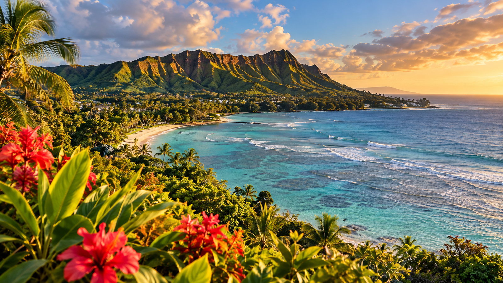 Illustrative Hawaiian coastline with lush mountains and turquoise water