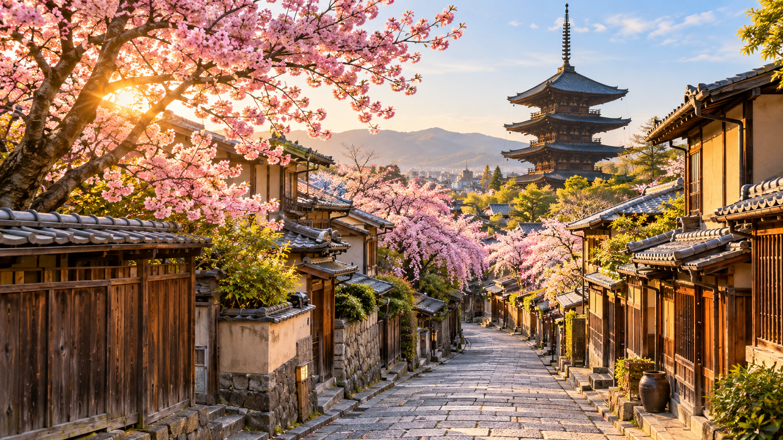 Illustrative Kyoto street with cherry blossoms and a pagoda